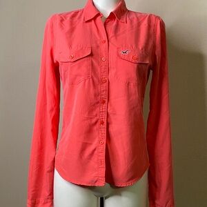 Hollister Coral Pink logo front pocket Long-Sleeve Button-Down shirt top S